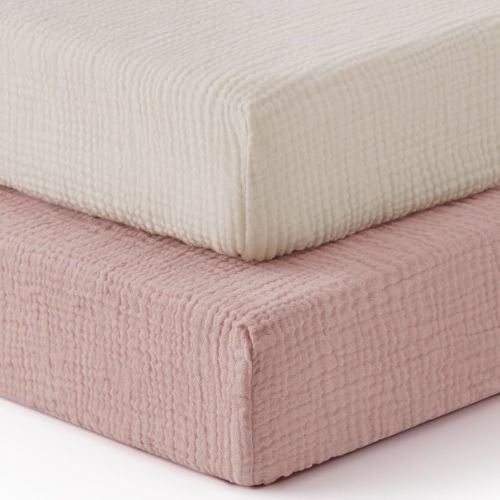 Blissful Diary Muslin Crib Sheets for Girl Boy, Boho Neutral Soft Cotton Baby Sheet for 52''x28'' Standard Crib Mattress, 2 Pack(Cream&Pink)