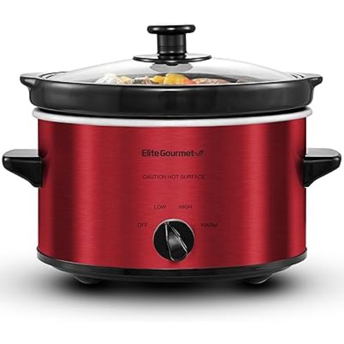 Elite Gourmet MST-275XR Electric Oval Slow Cooker, Adjustable Temp, Entrees, Sauces, Stews & Dips, Dishwasher Safe Glass Lid & Crock (2 Quart, Metallic Red)