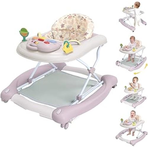 5 in 1 Foldable Baby Walker,Activity Baby Walker-Baby Bouncer,Rocker,Activity Center,Seat and Push Walker,Detachable Footrest Mat,Adjustable Speed Rear Wheels and Height,Ages 6-18 Months (Purple)