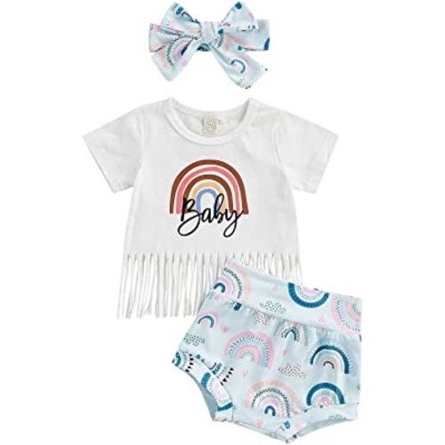 Fernvia Western Toddler Baby Girl Clothes Letter Short Sleeve T-Shirt Top + Tassel Shorts Outfits + Headband 3Pcs Set