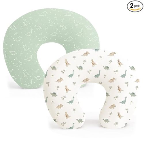 Konssy 2 Pack Nursing Pillow Covers, Stretchy and Soft Nursing Cover for Breastfeeding Pillows, Pillow Slipcover for Baby Girls Boys Newborn (Dino Jungle, Sage)