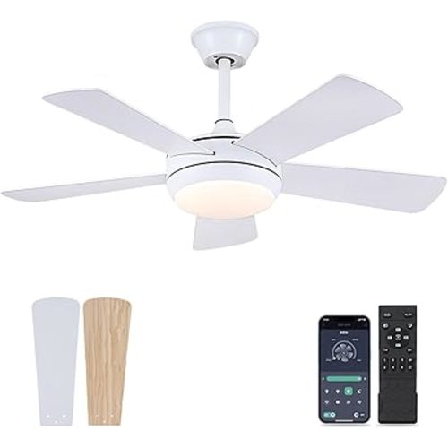 Asyko 42" White Ceiling Fan with Lights with Remote/APP, Ceiling Fan Low Profile for Indoor/Outdoor, Reversible DC Motor, 6 Speeds with 5 Blades, Modern Ceiling Light Fixture for Bedroom