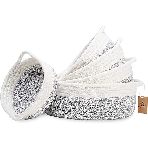 NaturalCozy 5-Piece Round Small Woven Baskets Set– Cotton Rope Baskets for Organizing! Montessori Toys, Fruits Remotes Key Tray Bowl for Entryway Desk, Shallow Catchall Home Décor, Cat Dog Bin Gift