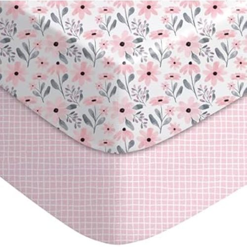 Yoofoss Pack and Play Sheets Fitted, Mini Crib Sheets 2-Pack for Pack N Play Mattress, Stretchy Playard Sheet, Soft and Breathable Pink Flower