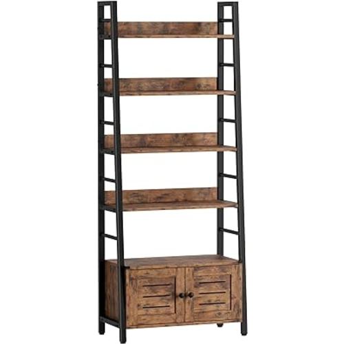 IRONCK Bookshelf with Louvered Doors, 4-Tier Ladder Shelf with Cabinet Industrial Accent Furniture for Bedroom Living Room Home Office, Rustic Brown