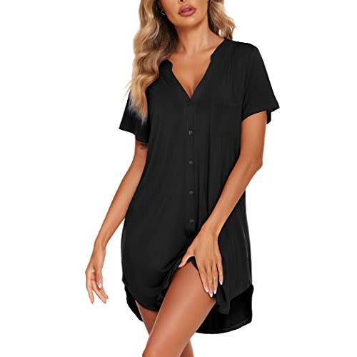 Ekouaer Women V Neck Button Down Nightgown