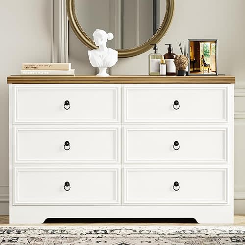 Farmhouse 6 Drawers Dresser for Bedroom, Wood Rustic Chest of Drawers, White Dresser for Bedroom, Dressers Organizer for Living Room, Closet, Hallway, Off White