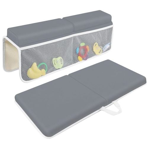 JJGoo Bath Kneeler with Elbow Rest Pad Set, 1.5 inch Kneeling Pad Mat for Bathtub Baby Bathing Parents, Painless Foam Mat with Toy Organizer Pockets, Non-Slip for Baby and Toddler Bathing, Dark Grey