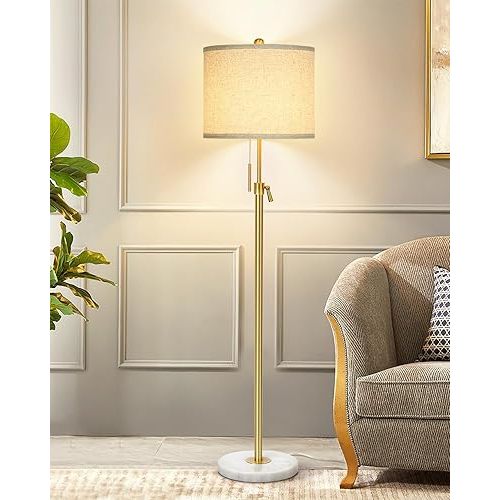 Modern Floor Lamp for Living Room, Adjustable Height Standing Lamp with Marble Base, Gold Tall Pole Light with Linen Shade for Reading Bedroom, Chain Switch, 8W 3-Way Dimmable Bulb Included