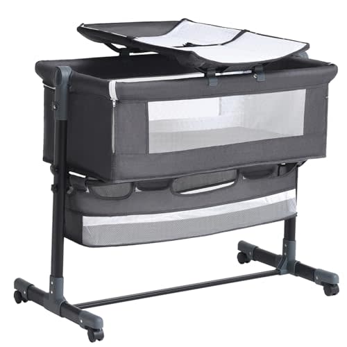 venowu Bedside Crib, 3 in 1 Bassinet with Quick Height Adjustment and Mosquito Nets Rocking Bassinet for Baby, Bedside Bassinet with Wheels, Easy to Fold, Golden Triangle Structure(Grey)