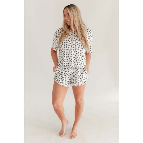Womens Ruffle Short Set in Black & White Flowers