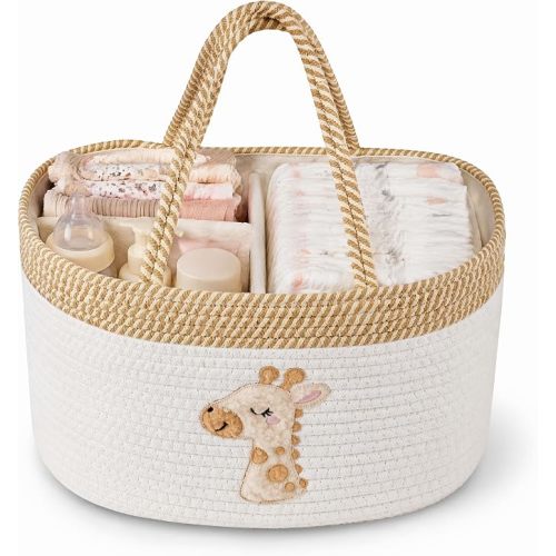 Baby Diaper Caddy Basket, Changing Table Diaper Caddy Organizer, Portable Nursery Car Storage Basket with Removable Divider, Cotton Woven Rope Baskets for Baby Shower Gifts Registry by Name