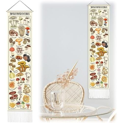 Gilprop Vintage Mushroom Tapestry 51 x 13 Inch Long Vertical Wall Hanging with 6 Inch Tassel Fabric Reference Illustrative Botanical for Bedroom Door Home
