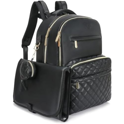 Award-Winning 3 in 1 Luxe Leather Diaper Bag Backpack - Ultimate Baby Bag with 21 Pockets, Charging Port, Changing Pad, Pacifier Case, Stroller Straps - Stylish, Waterproof, Unisex (31L Black)
