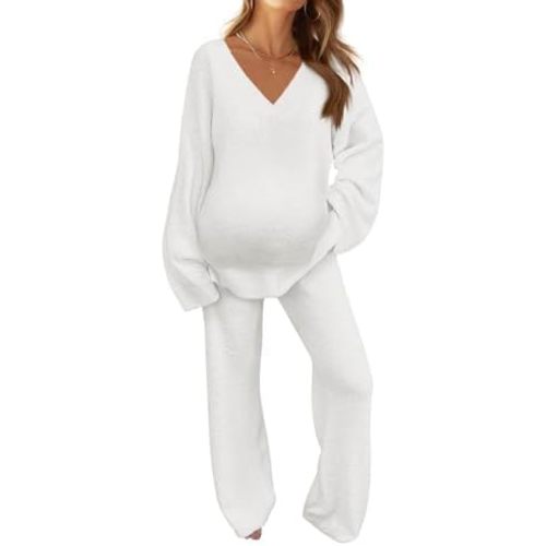 Tankaneo Womens 2 Piece Comfy Sets Fuzzy Fleece Maternity Pajamas Long Sleeve Tops Wide Leg Pants Loungewear