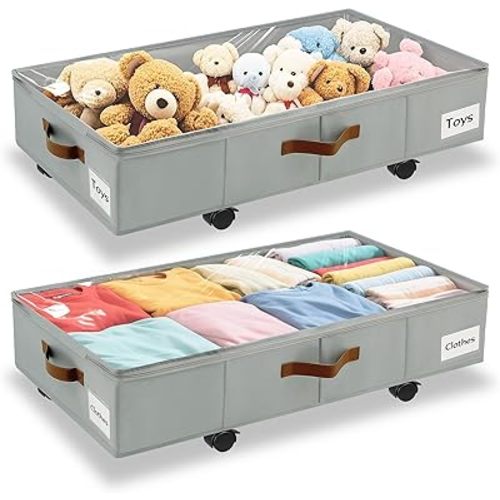 2 Pack Under Bed Storage with Wheels – 30.5×17×5.5 Inch, Underbed Storage with Sturdy Sidewalls/Bottom, Clear Cover, Label and PU Handle, Rolling Under Bed Drawers for Clothes, Shoes, Toys, Blankets