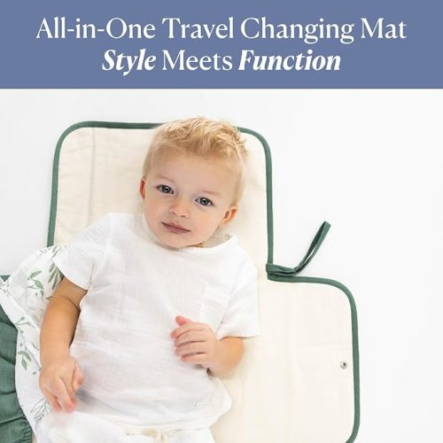 Toddlekind Mini Maven Portable Changing Pad – Organic Cotton & Water-Resistant Polyester – Travel-Friendly, Foldable Change Mat – Forest Green Stripes with Wave Stitching – Chic, Durable, Easy Clean
