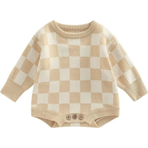 Kuriozud Baby Boy Girl Fall Winter Clothes Knit Sweater Romper Sweatshirt Soft Warm Outfit - 6-9 Months - Plaid Beige