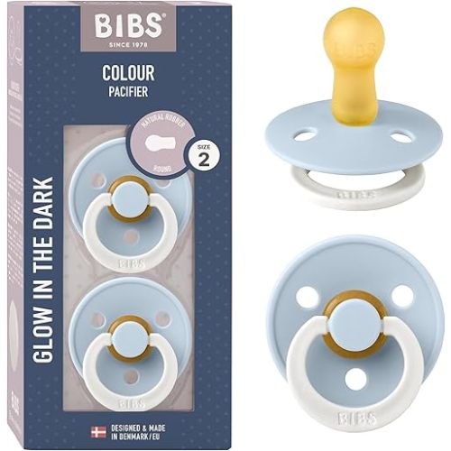 BIBS Pacifiers Colour Collection, Set of 2 BPA-Free Baby Pacifiers with Round Natural Latex Nipple, Made in Europe, 6+ Months (Pack of 2), Baby Blue Night