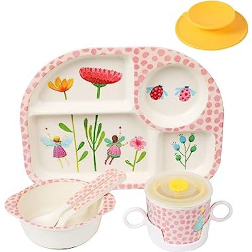 shopwithgreen 7Pcs/Set Bamboo Kids Dinnerware Set - Children Dishes - Food Plate Bowl Cup Spoon Fork Set Dishware, Cartoon Tableware, Dishwasher Safe Kids Healthy Mealtime, BPA Free