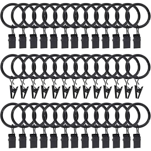 72 Pack Curtain Rings with Clips Hooks 1 inch Rustproof Matte Metal Stainless Steel Drapery Rings for Tension Rod Bracket Eyelets Decorative Hangers, Black (1" Interior Diameter)