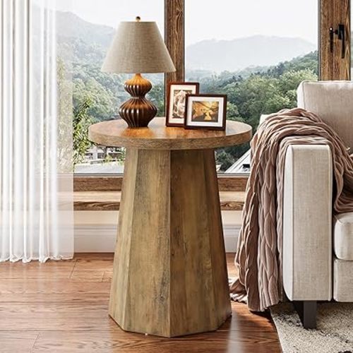 Tribesigns Farmhouse Round End Table, Wooden Couch Side Table with Octagonal Base, Rustic Brown Nightstand Pedestal Accent Furniture for Living Room, Bedroom (1)