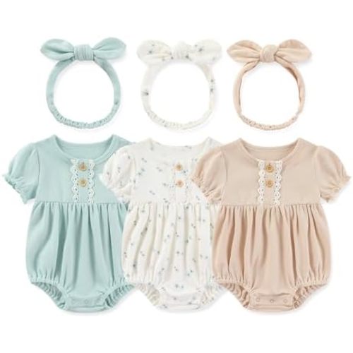 Newborn Baby Girl Clothes Cotton Bubble Romper Floral Short Sleeve Bodysuit 3 Pack
