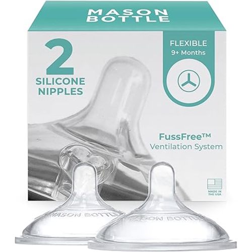 Mason Bottle Silicone Nipples: Flexible Flow for 6+ Months Transitional Flow, Wide Natural-Shaped, Make a BPA-Free Glass Baby Bottle Using Any Regular-Mouth Mason Jar, 100% Made in The USA (2 Pack)