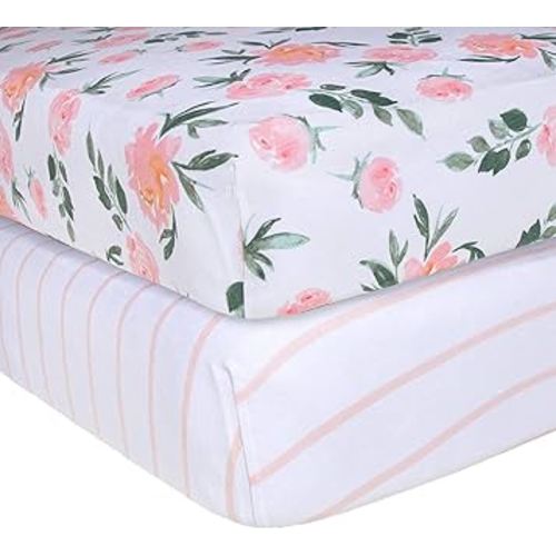 Burt's Bees Baby Fitted Crib Sheet Organic Cotton BEESNUG - Autumn Bloom and Stripe Prints, Fits Unisex Standard Bed and Toddler Mattress, Infant Essentials, 52 x 28 Inch 2-Packs