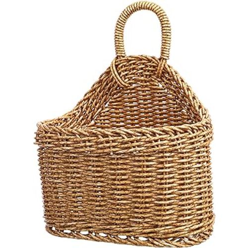 Woven Hanging Basket Wall Storage: Farmhouse Rattan Flower Bin Kitchen Onion Organizer Rustic Handle Basket Container for Ginger Garlic