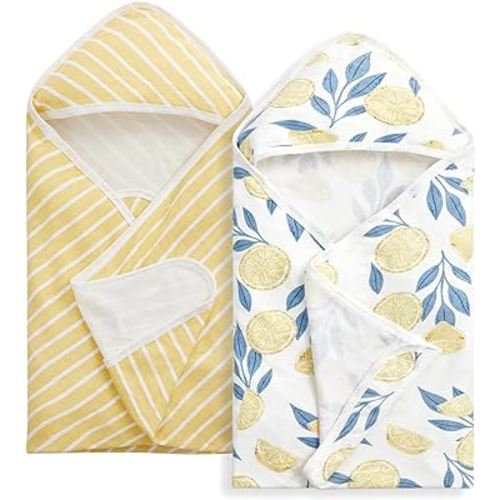 Momcozy Baby Hooded Towel, 2 PackBaby Towel Set, Super Soft Bath Towel with Original Design, Shower Gifts for Infant, Toddler (28 X 28 Inch, Lemon Leaves)