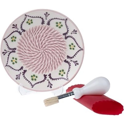 Ceramic Garlic Grater Plate - Handmade 4 Pcs Press - Natural Grinder - Decorative Mincer - Ginger, Cheese Grater - Hand Dish (Vanilla White)