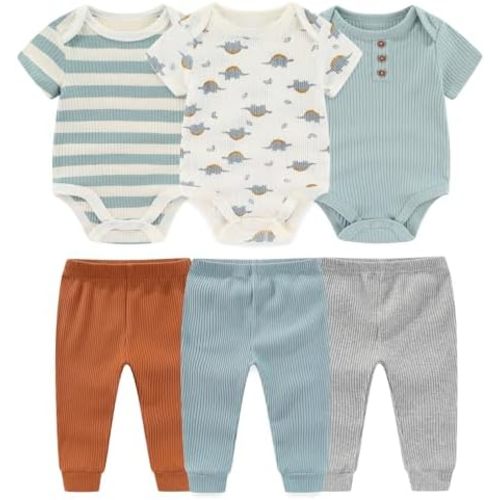 Baby Bodysuit and Pant Set 6-pcs Ribbed Soft Infant Boy Girl Clothes Outfits