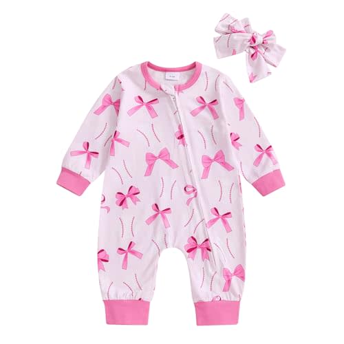 Kavousa Newborn Baby Girl Jumpsuit Baseball/Cherry Bow Print Zip-up Long Sleeve Romper Headband Spring Clothing