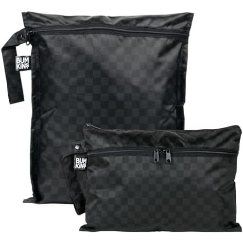 Bumkins - Waterproof Wet Bag & Wet/Dry Clutch Bags - For Beach, Baby, Travel, Swim Suit, Cloth Diapers, Pump Parts, Pool, Gym, Toiletries - Reusable & Easy to Clean - Black Check - 2 Pack