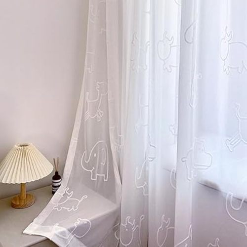Cartoon 3D Animals Sheer Curtains for Kids Bedroom Living Room Grommet Top White Light-Filtering Embroidery Privacy Tulle Curtain for Boys Girls Bay Window Nursery Room 1 Panel (W52 L102 inch,White)