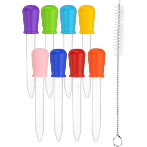 PATIKIL 8 Pack Liquid Pipettes Droppers, 5ml Silicone Liquid Dropper with A Clean Brush for Water Milk Candy Kitchen Gelatin Oil Crafts(8 Colors)