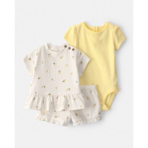 Baby Girl 3-Piece Lemon Top, Bodysuit & Short Set - Yellow/Ivory | Carter's
