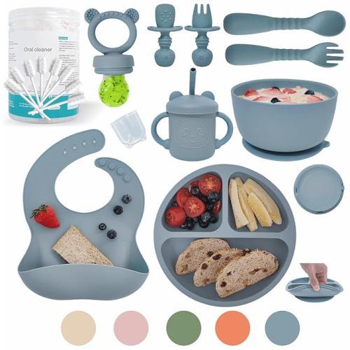 Baby Led Weaning Supplies | Silicone Baby Feeding Set Includes Suction Bowls and Plates, Baby Utensils Spoons and Forks,Cup for Toddler | Babies Eating Dishes Set 6-12 Months(Blue) - 5-Ocean Breezes