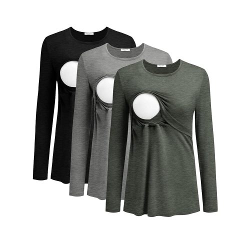 Ekouaer Women Long Sleeve Nursing Shirts 3 Pack Breastfeeding Round Neck Top Double Layer Maternity Tshirt Pregnancy Clothes