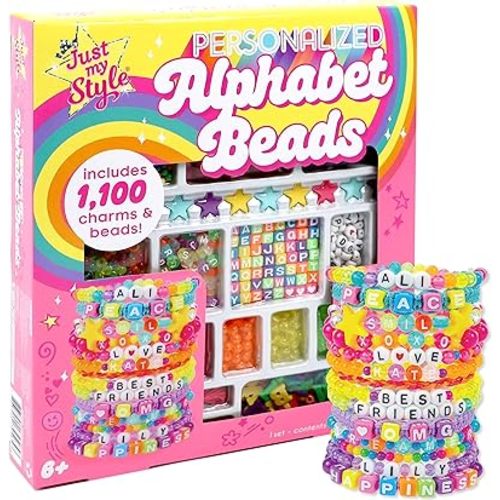 Just My Style ABC Beads by Horizon Group Usa, 1000+ Charms & Beads, Alphabet Charms, Accent Seed Star Wax Beading Cord, Satin Cord Key Ring Included, Bright, Small