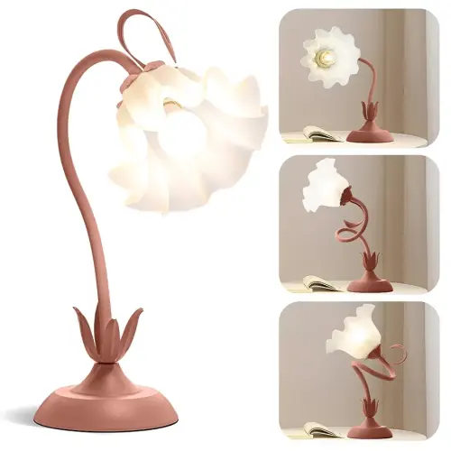 Flower Table Lamp - Back to School Supplies, Cute LED Reading Bedside Desk Lamp, 3 Color Modes Vintage Reading Night Light Kawaii Decor for Dorm Bedroom Living Room (Pink)