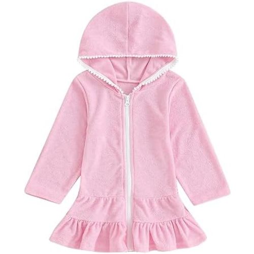 Kids Hooded Terry Swim Cover Up for Girl Swimsuit Summer Zip Ruffle Dress Long Sleeve Floral Towel Coverup Swimwear