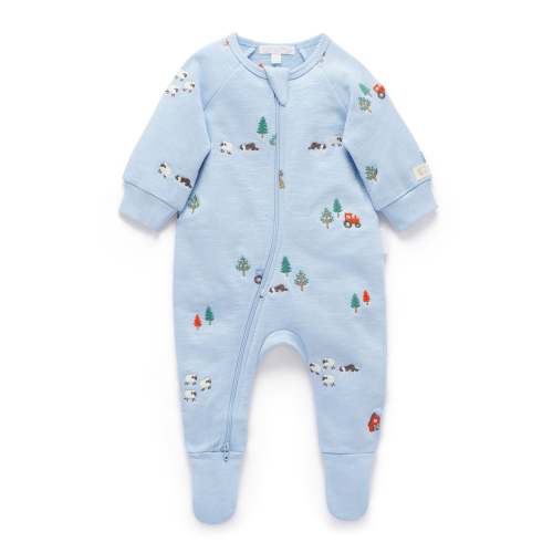 Blue Herding Sheep Embroidered Fleece Growsuit - Baby Growsuits - Purebaby - Purebaby
