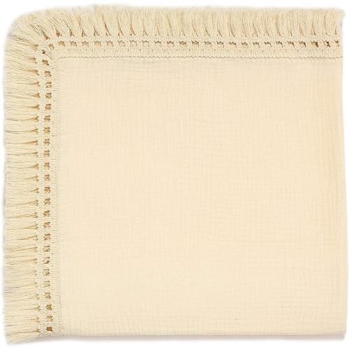 insular Cotton Muslin Baby Blanket with Tassel, Boho Bohemian Muslin Swaddle Blanket Baby Receiving Blanket with Fringe, Nursery Decor Throw or Nursing Blankets, 47" x40”, Beige
