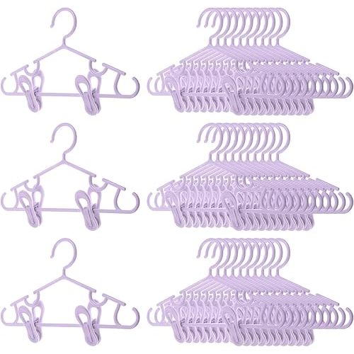 Hsei 5/10/40 Pack Baby Hangers with 10/20/80 Clips, Plastic Kids Pants Hangers for Nursery Closet Top and Bottom Clothes Hanger Set for Newborn Infant Toddler(120 Packs Total,Purple,10.6 Inch)