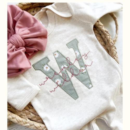 Personalized Girl Baby Outfit | Oatmeal Romper Daisy Sage Initial Baby – Wonderfully Made