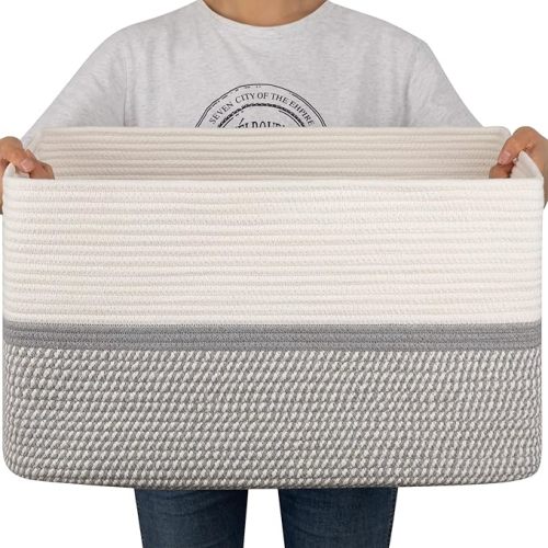 OIAHOMY Large Blanket Basket, 22”x17”x12” Rectangle Woven Baskets, Nursery Blanket Storage Living Room, Toy Storage With Handle, Large Baskets for Organizing-Grey/White