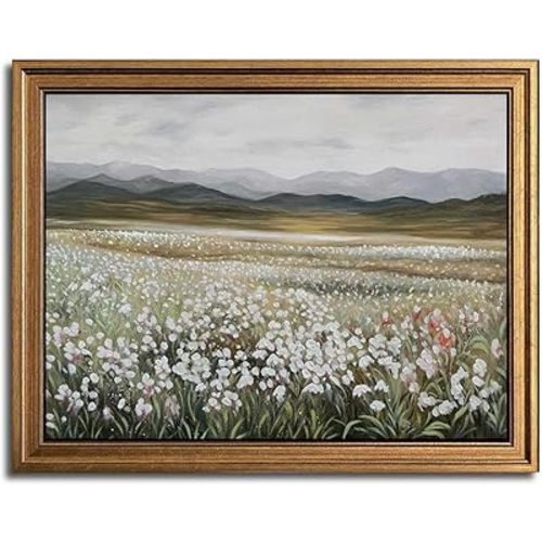 Gold Framed Vintage Wall Art Classical French Landscape Painting Canvas Print Home Room Wall Decor (champ fleuri, 12''x16'')