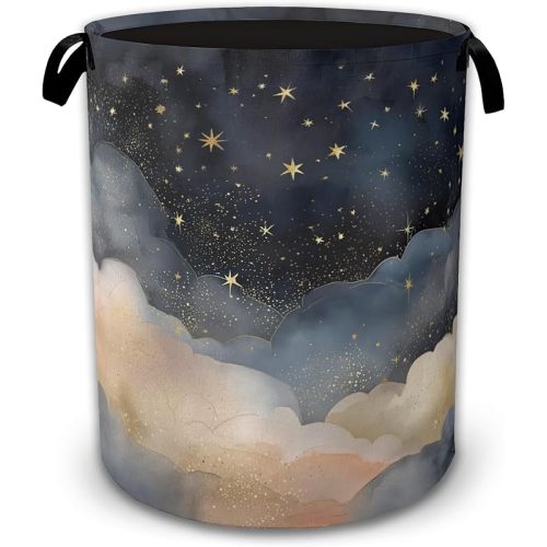 Starry Night Laundry Basket Collapsible with Handles,Sky Clouds Waterproof Oxford Cloth Hamper,16 x 20.8 Inch Storage Organizer for Bathroom Bedroom Dorm